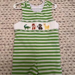 18m Green and White Striped knit animal Romper